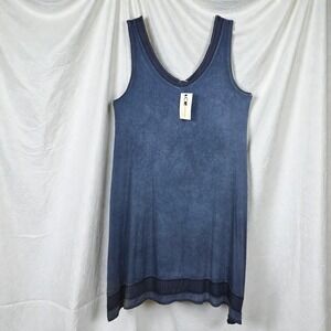 Cable & Gauge‎ Tank Dress Woman Large Blue Wash V Neck Mesh Trim Lagenlook NWT